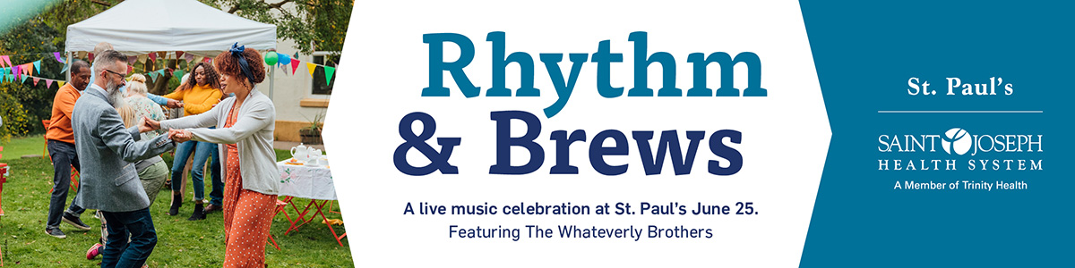 Rhythm & Brews banner with image of people dancing